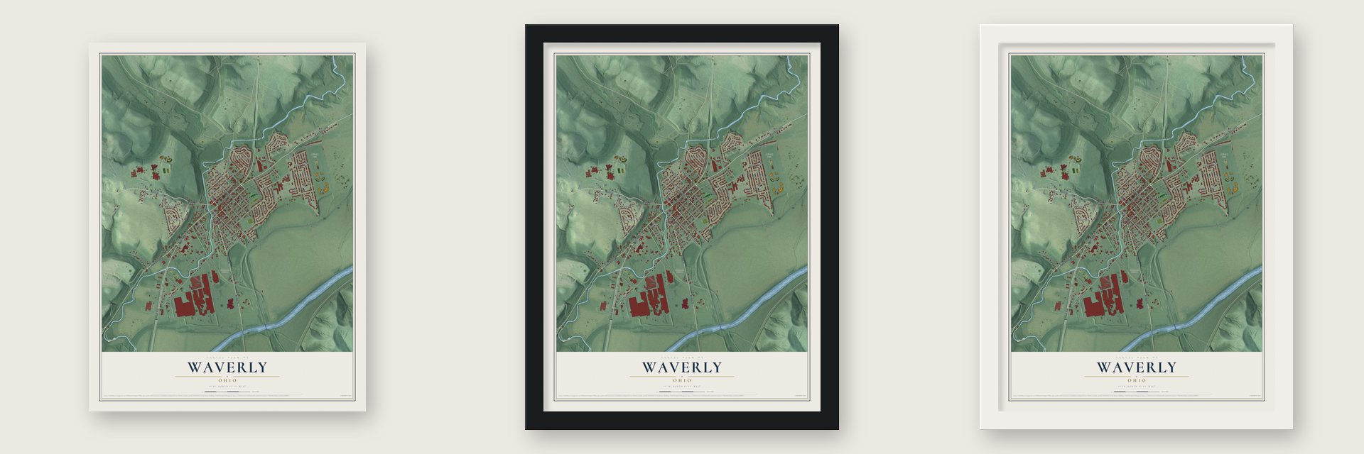Waverly, Ohio map unframed, in a black wood frame and in a white wood frame