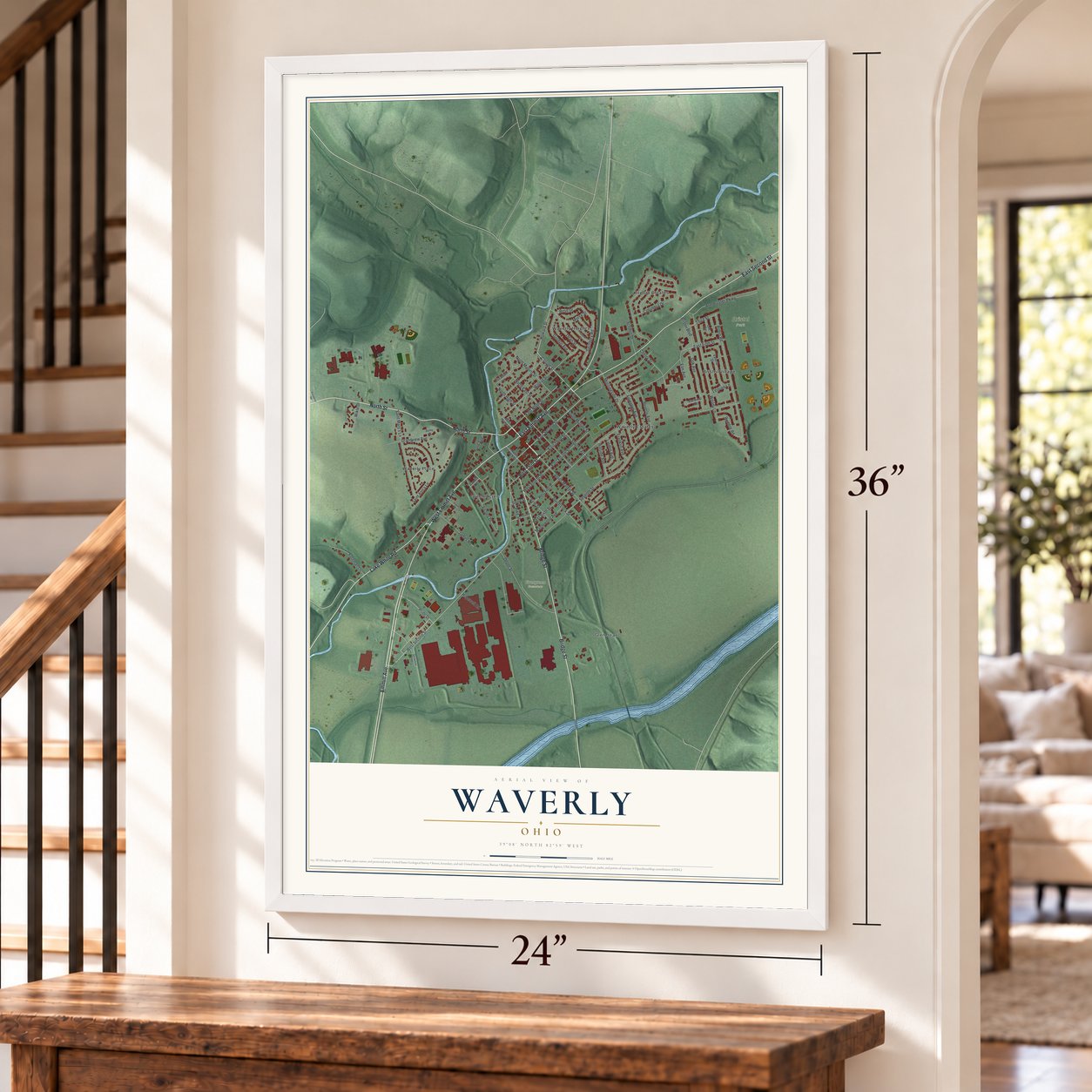 Waverly, Ohio map, 24 x 36 inch print in a white frame by a staircase