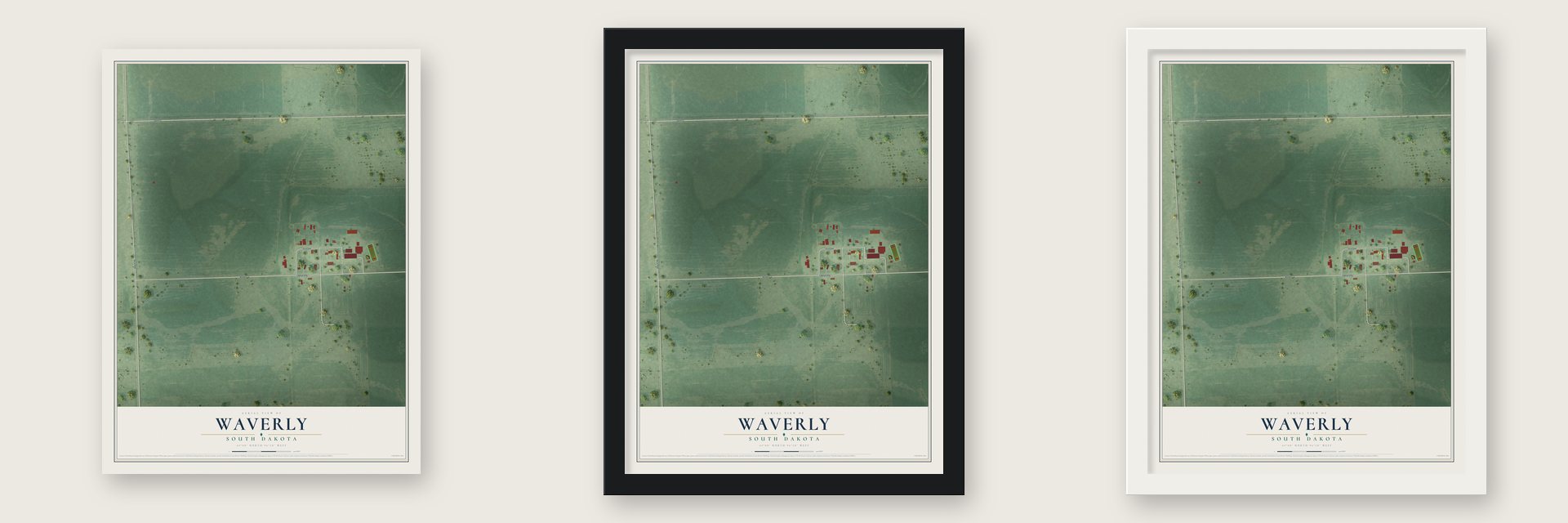 Waverly, South Dakota map unframed, in a black wood frame and in a white wood frame