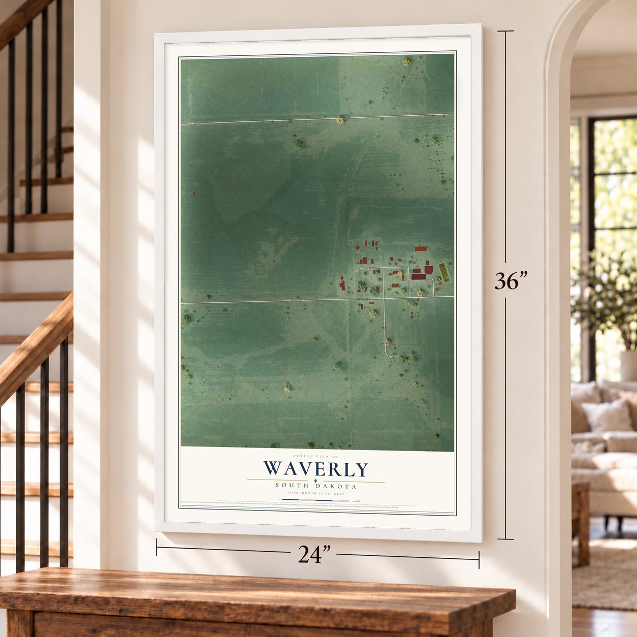 Waverly, South Dakota map, 24 x 36 inch print in a white frame by a staircase