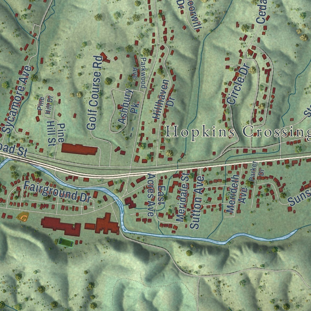 Second close-up of the map of Waverly, Tennessee print showing more streets and buildings