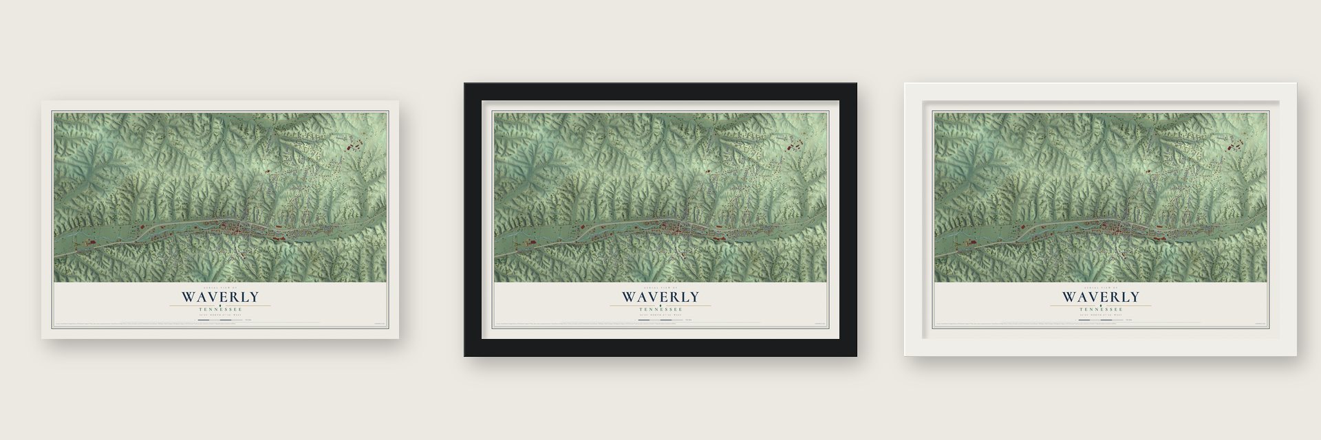 Waverly, Tennessee map unframed, in a black wood frame and in a white wood frame