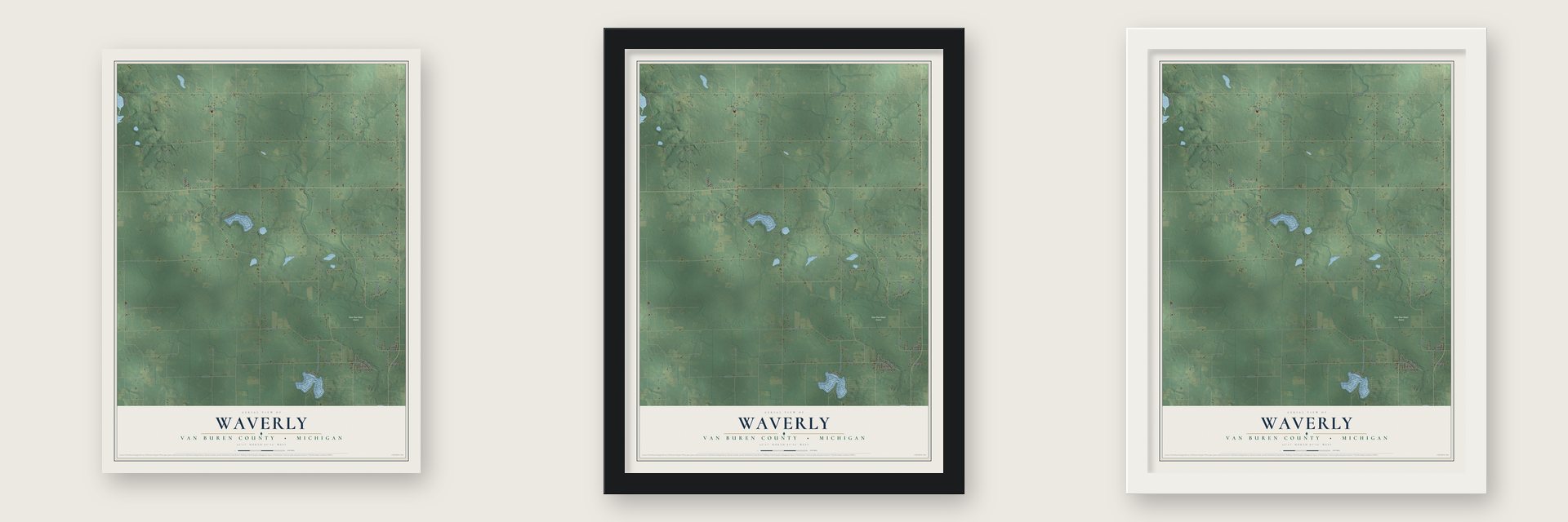 Waverly, Van Buren County, Michigan map unframed, in a black wood frame and in a white wood frame