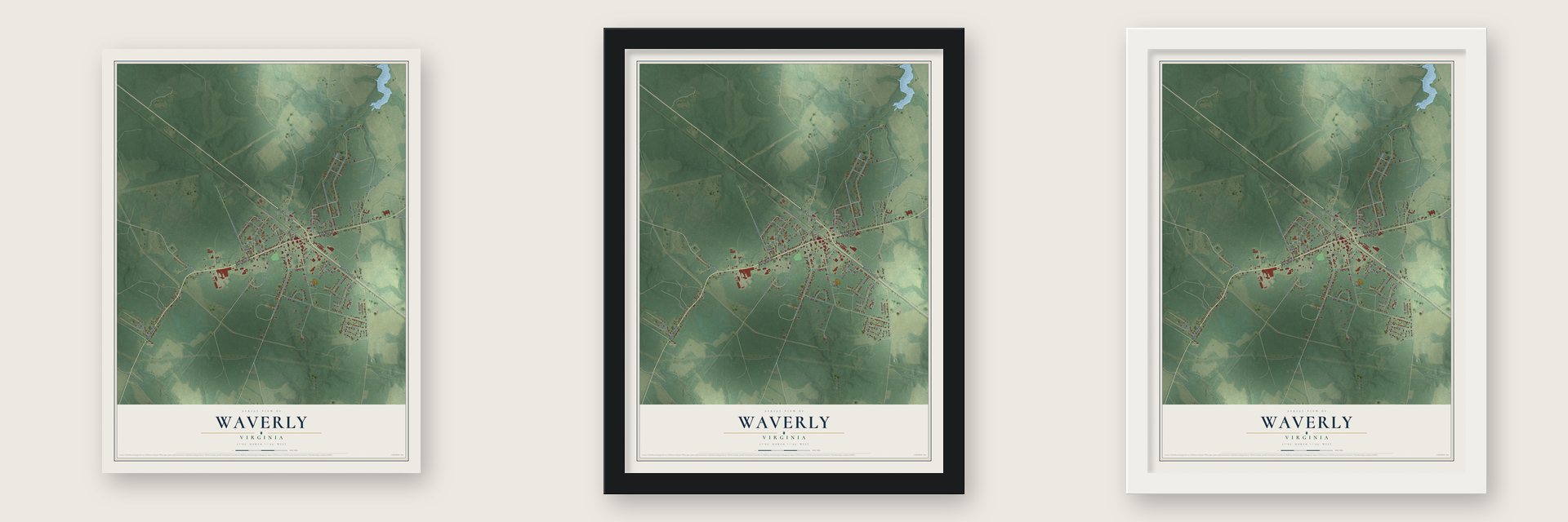 Waverly, Virginia map unframed, in a black wood frame and in a white wood frame
