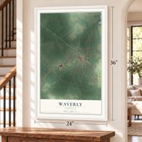 Waverly, Virginia map, 24 x 36 inch print in a white frame by a staircase