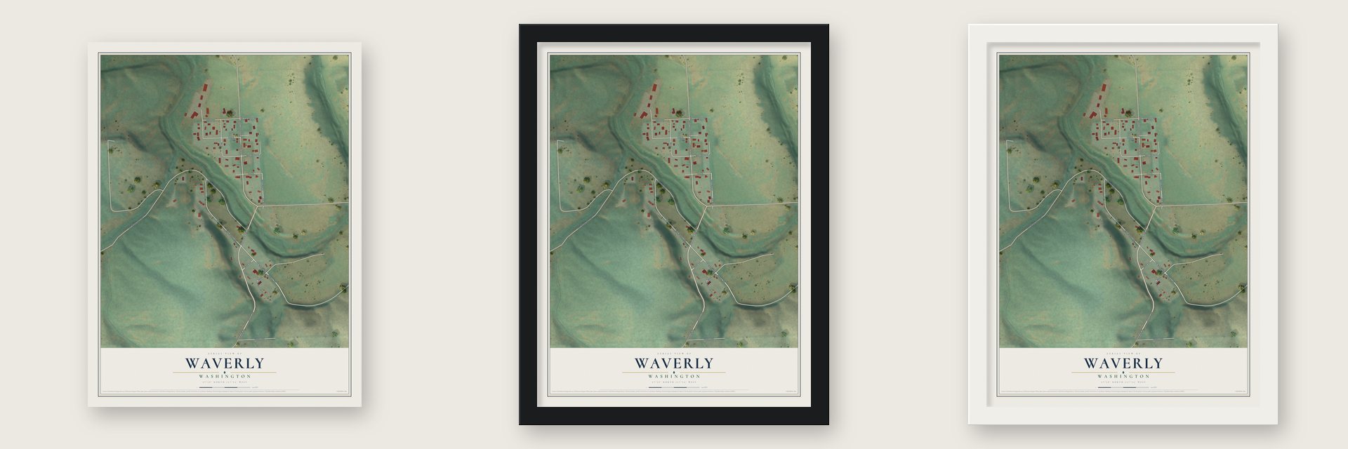 Waverly, Washington map unframed, in a black wood frame and in a white wood frame