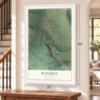 Waverly, Washington map, 24 x 36 inch print in a white frame by a staircase