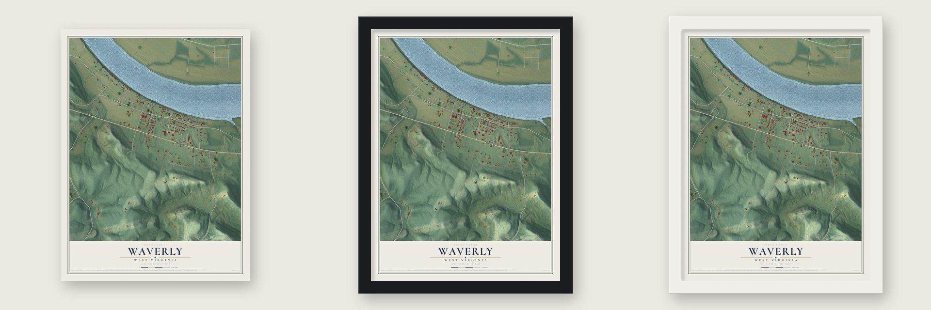 Waverly, West Virginia map unframed, in a black wood frame and in a white wood frame