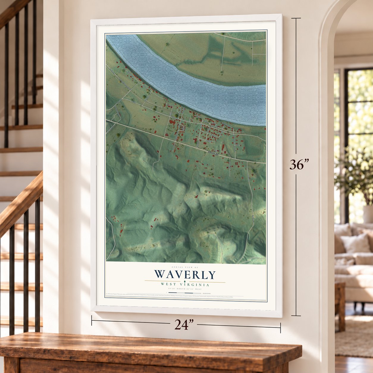 Waverly, West Virginia map, 24 x 36 inch print in a white frame by a staircase