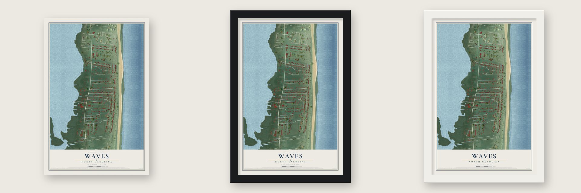 Waves, North Carolina map unframed, in a black wood frame and in a white wood frame
