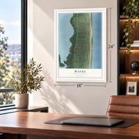 Waves, North Carolina map, 18 x 24 inch print in a white frame in a home office