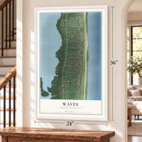 Waves, North Carolina map, 24 x 36 inch print in a white frame by a staircase