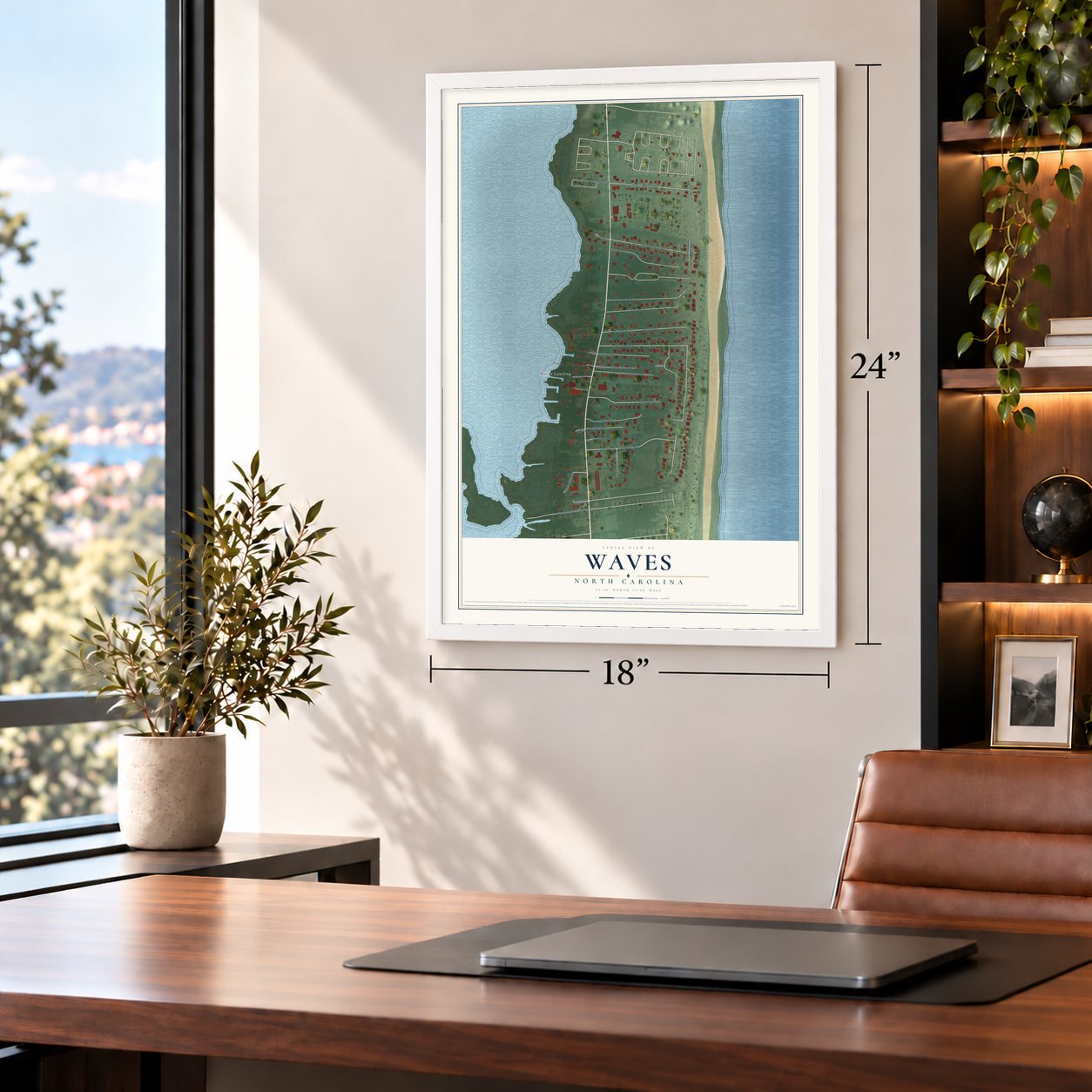 Waves, North Carolina map, 18 x 24 inch print in a white frame in a home office