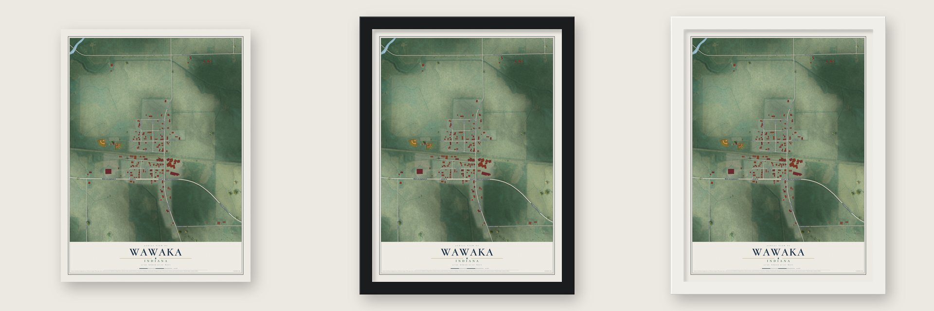 Wawaka, Indiana map unframed, in a black wood frame and in a white wood frame