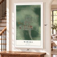 Wawaka, Indiana map, 24 x 36 inch print in a white frame by a staircase