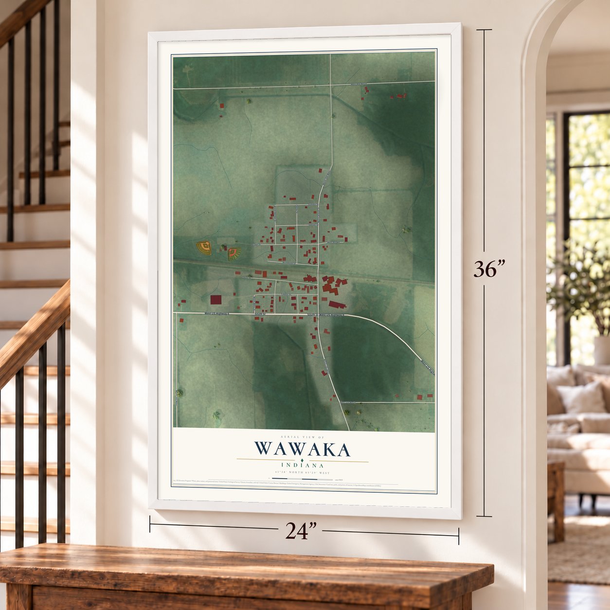 Wawaka, Indiana map, 24 x 36 inch print in a white frame by a staircase