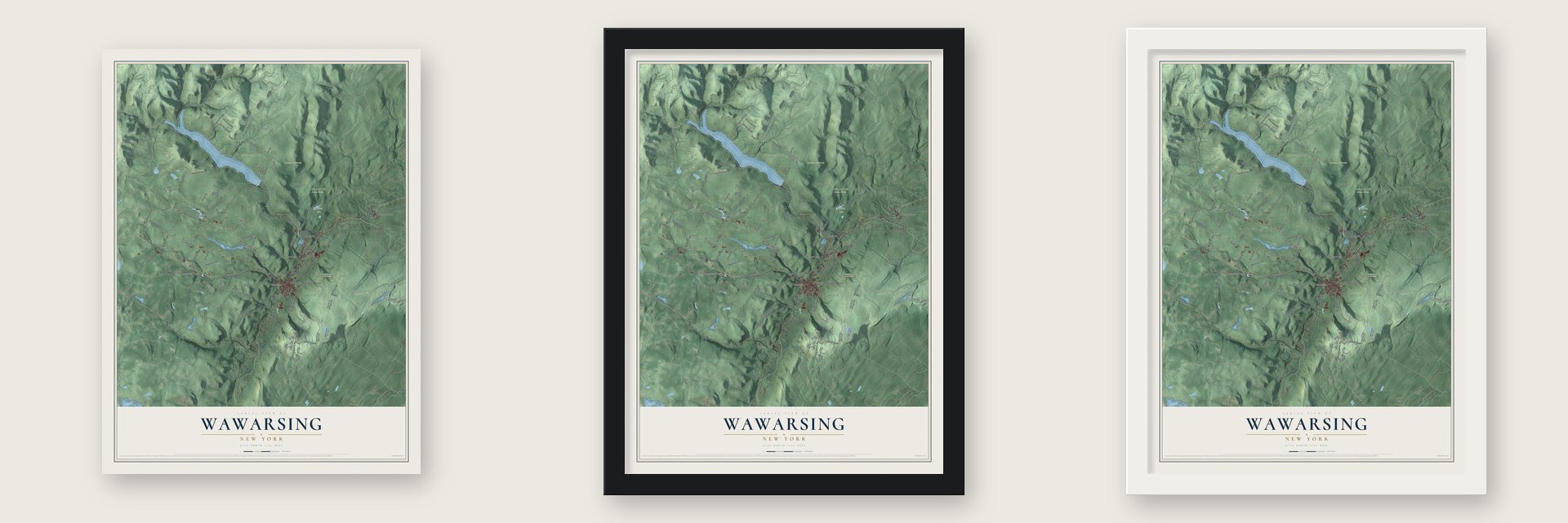 Wawarsing, New York map unframed, in a black wood frame and in a white wood frame
