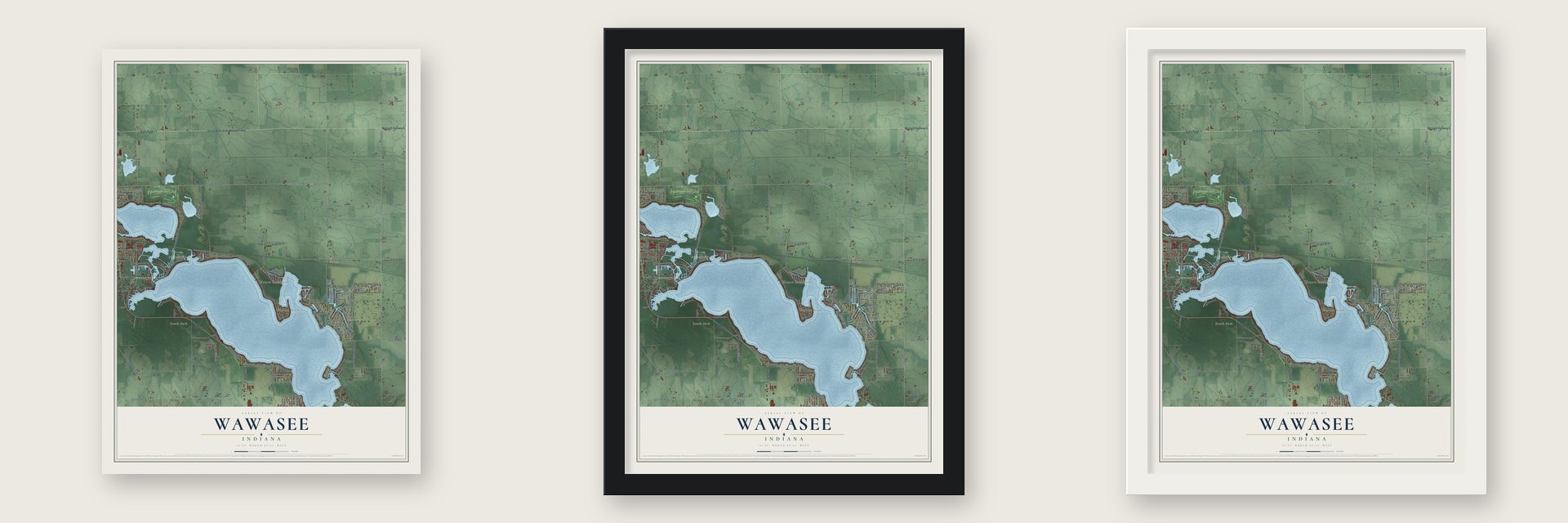 Wawasee, Indiana map unframed, in a black wood frame and in a white wood frame