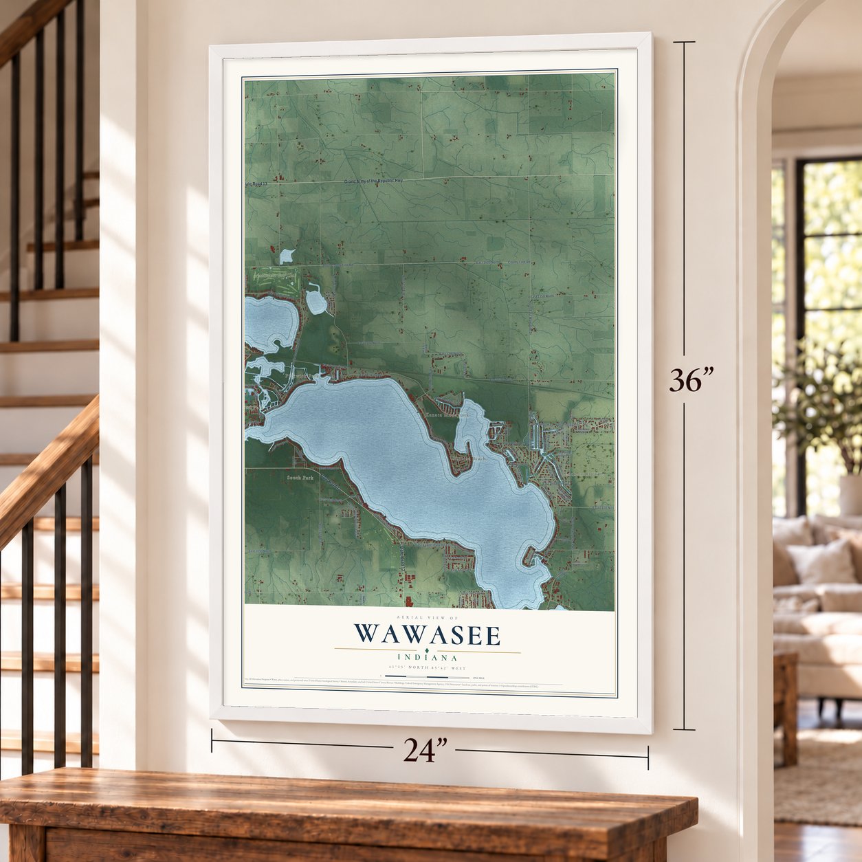 Wawasee, Indiana map, 24 x 36 inch print in a white frame by a staircase