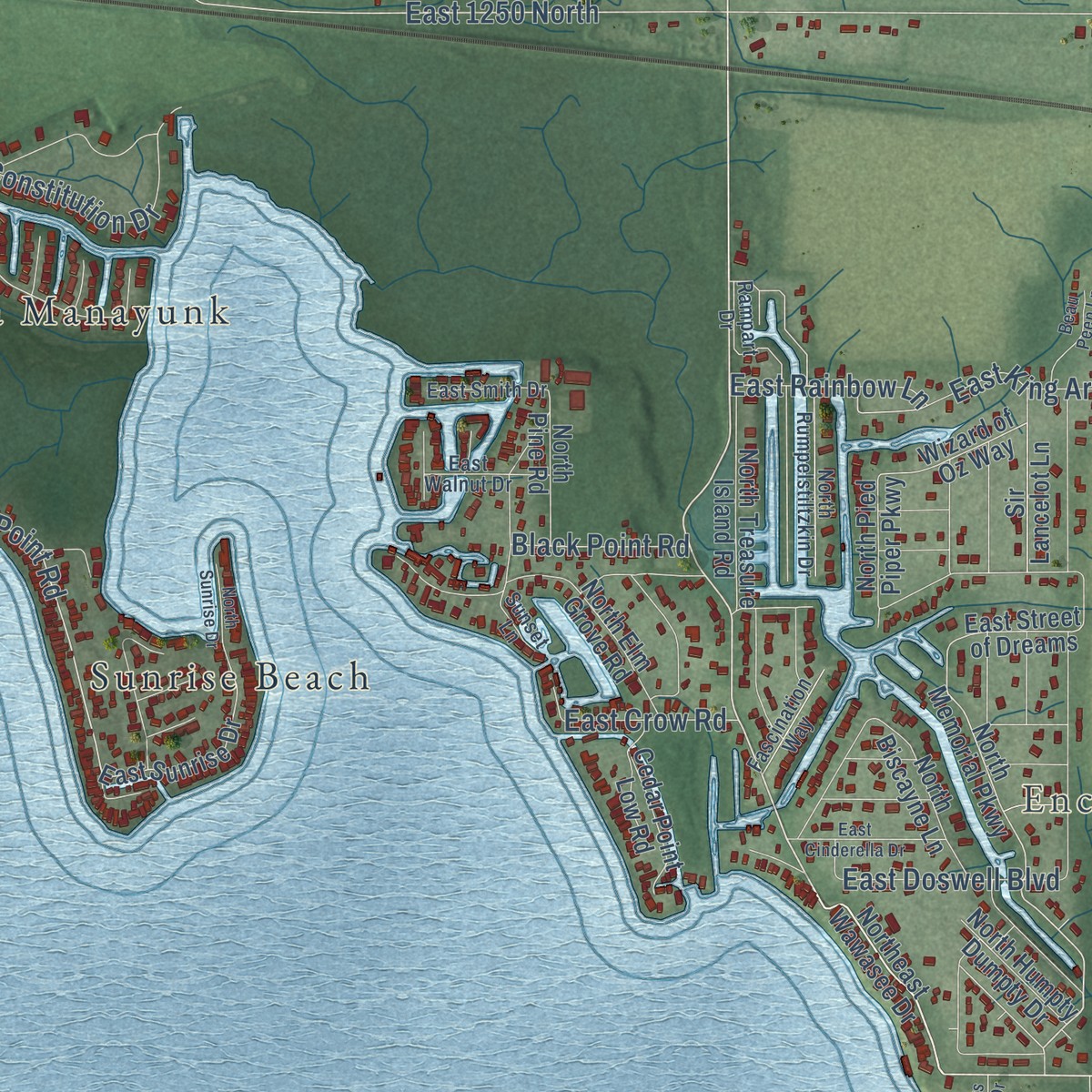 Second close-up of the map of Wawasee, Indiana print showing more streets and buildings