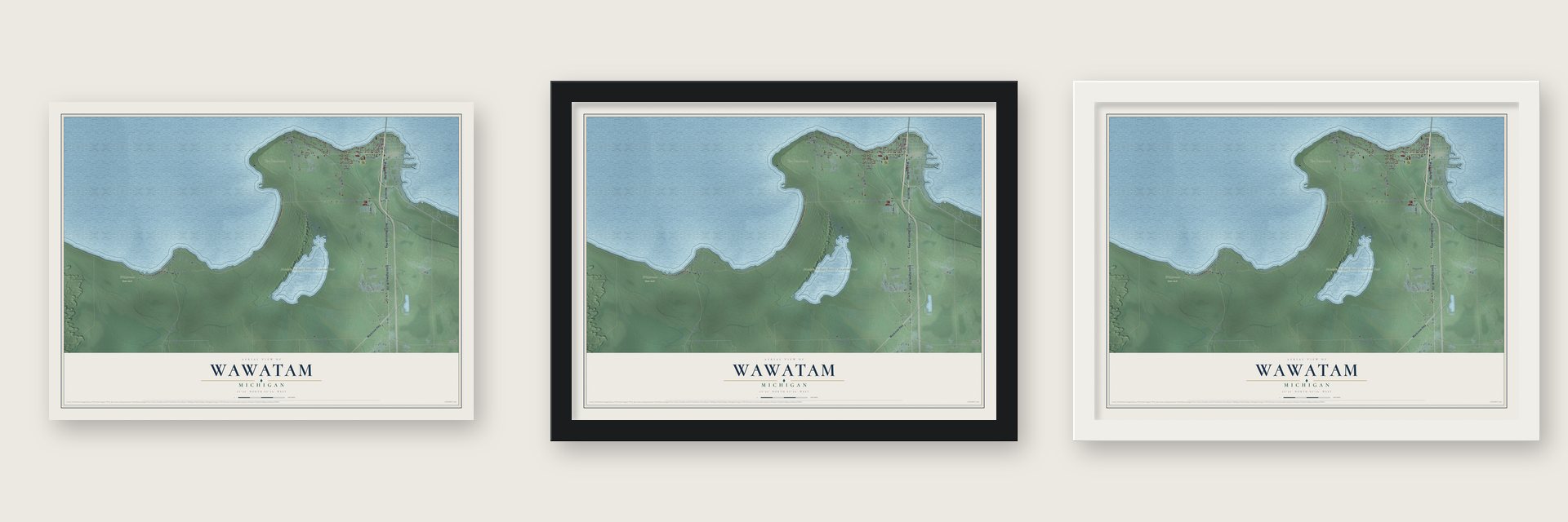 Wawatam, Michigan map unframed, in a black wood frame and in a white wood frame