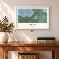 Wawatam, Michigan map, 12 x 18 inch print in a white frame in an entryway