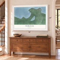 Wawatam, Michigan map, 24 x 36 inch print in a white frame above a dresser by a staircase