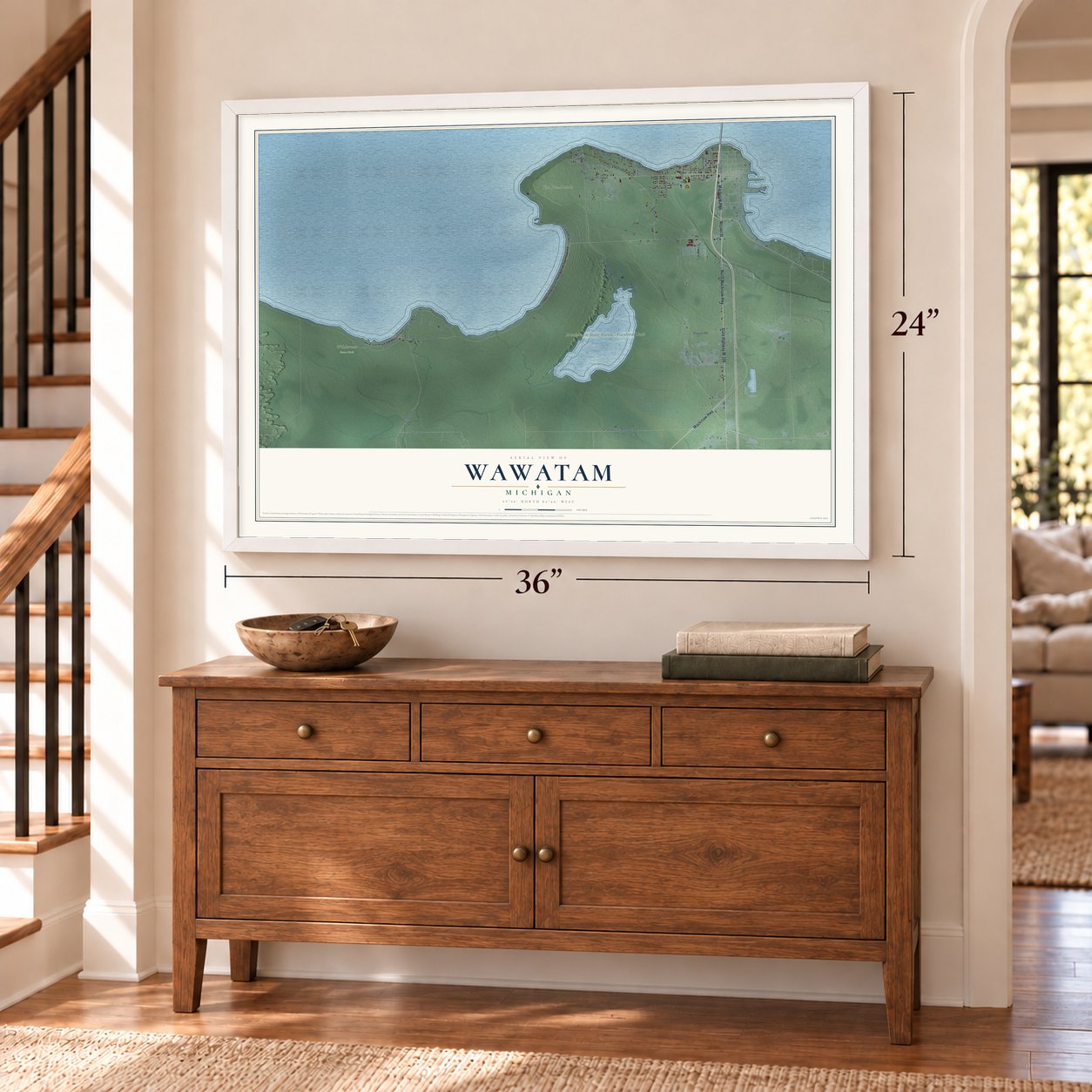 Wawatam, Michigan map, 24 x 36 inch print in a white frame above a dresser by a staircase
