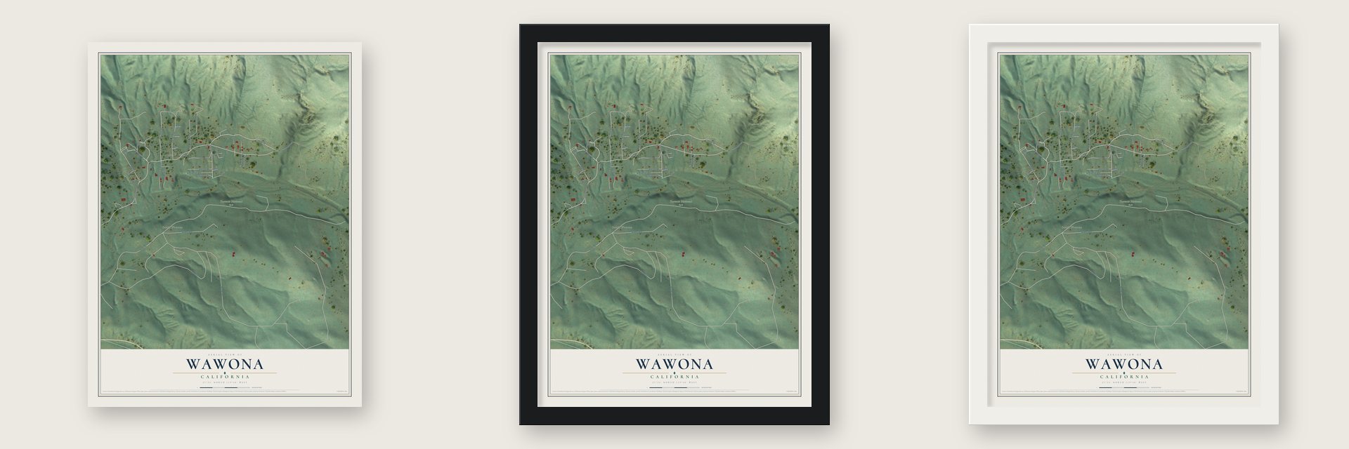 Wawona, California map unframed, in a black wood frame and in a white wood frame