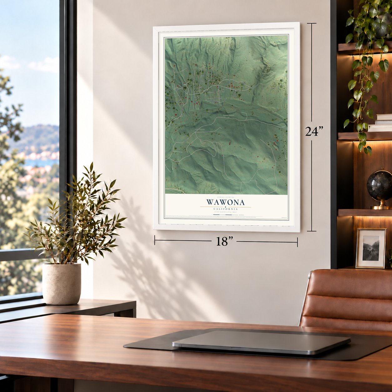 Wawona, California map, 18 x 24 inch print in a white frame in a home office