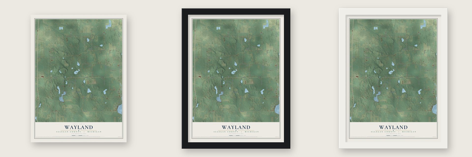 Wayland, Allegan County, Michigan map unframed, in a black wood frame and in a white wood frame