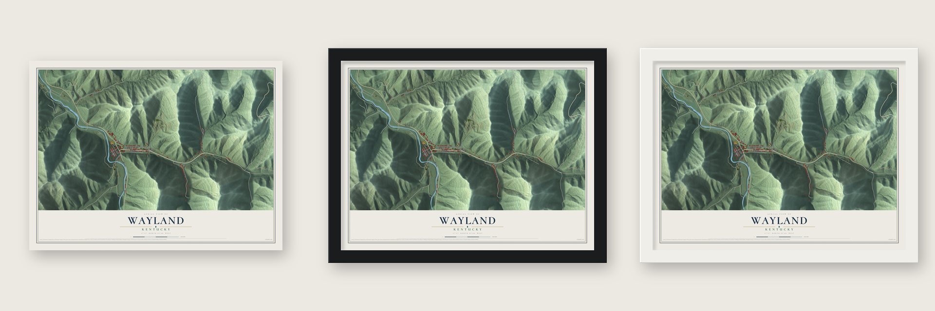 Wayland, Kentucky map unframed, in a black wood frame and in a white wood frame