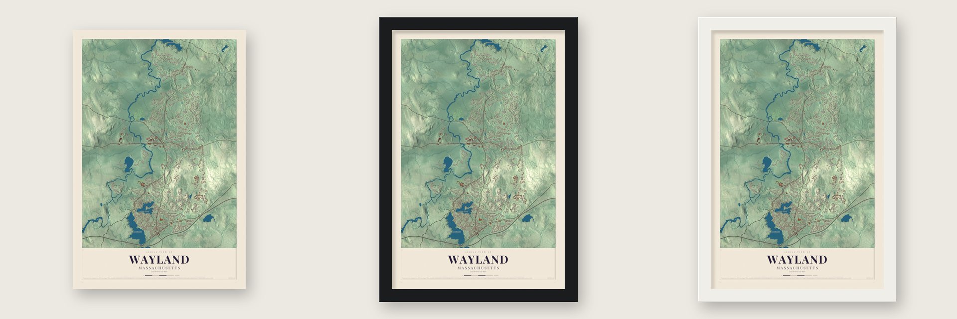 Wayland, Massachusetts map unframed, in a black wood frame and in a white wood frame