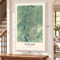 Wayland, Massachusetts map, 24 x 36 inch print in a white frame by a staircase