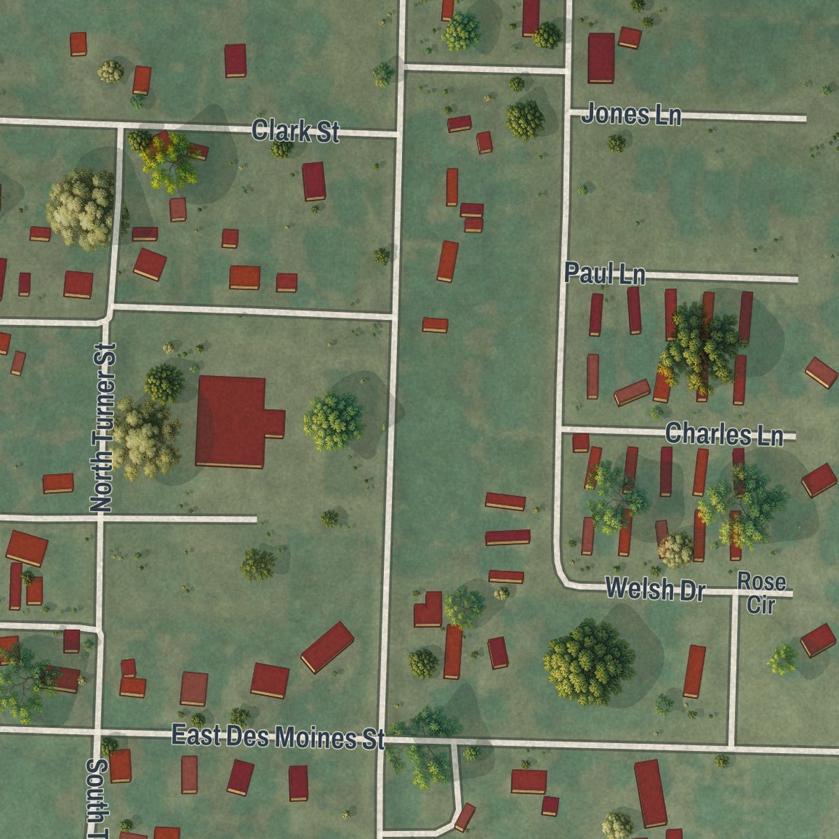Second close-up of the map of Wayland, Missouri print showing more streets and buildings
