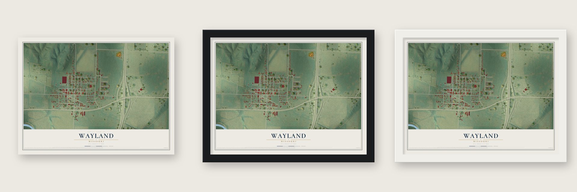 Wayland, Missouri map unframed, in a black wood frame and in a white wood frame