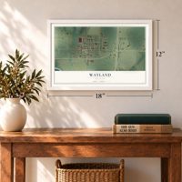 Wayland, Missouri map, 12 x 18 inch print in a white frame in an entryway
