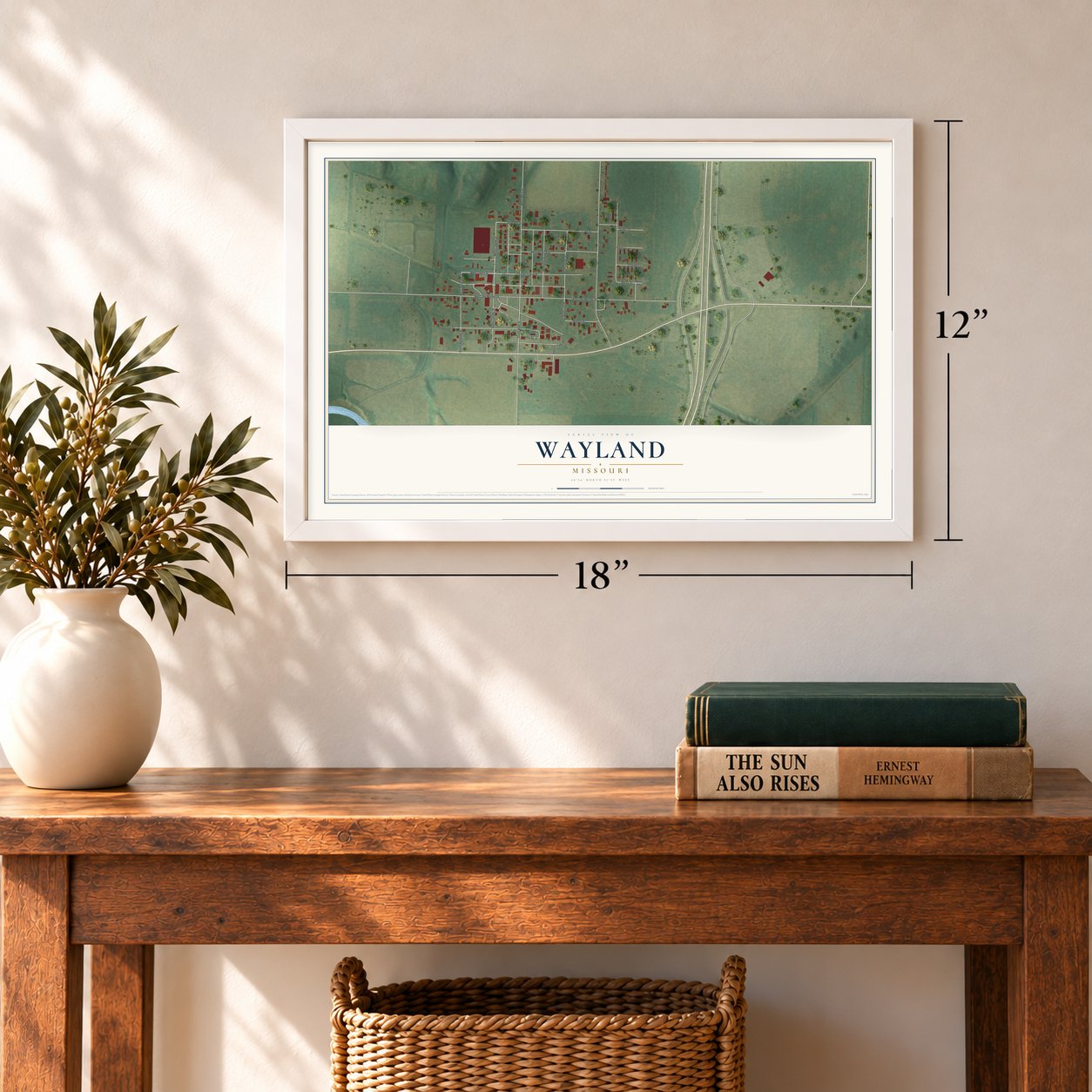 Wayland, Missouri map, 12 x 18 inch print in a white frame in an entryway