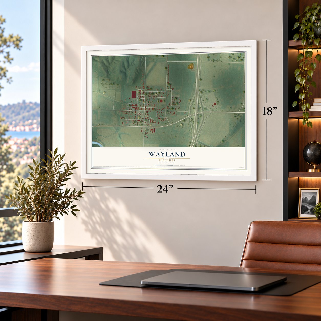 Wayland, Missouri map, 18 x 24 inch print in a white frame in a home office
