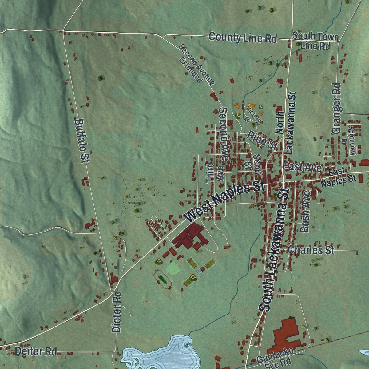 Second close-up of the map of Wayland, New York print showing more streets and buildings