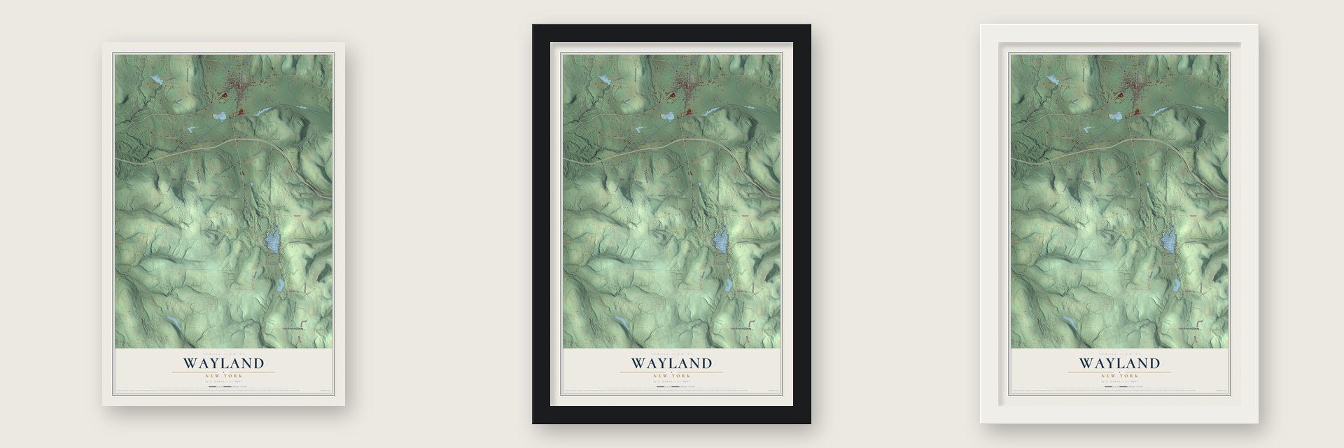 Wayland, New York map unframed, in a black wood frame and in a white wood frame