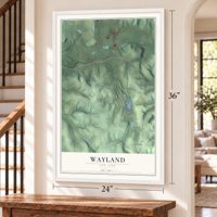 Wayland, New York map, 24 x 36 inch print in a white frame by a staircase