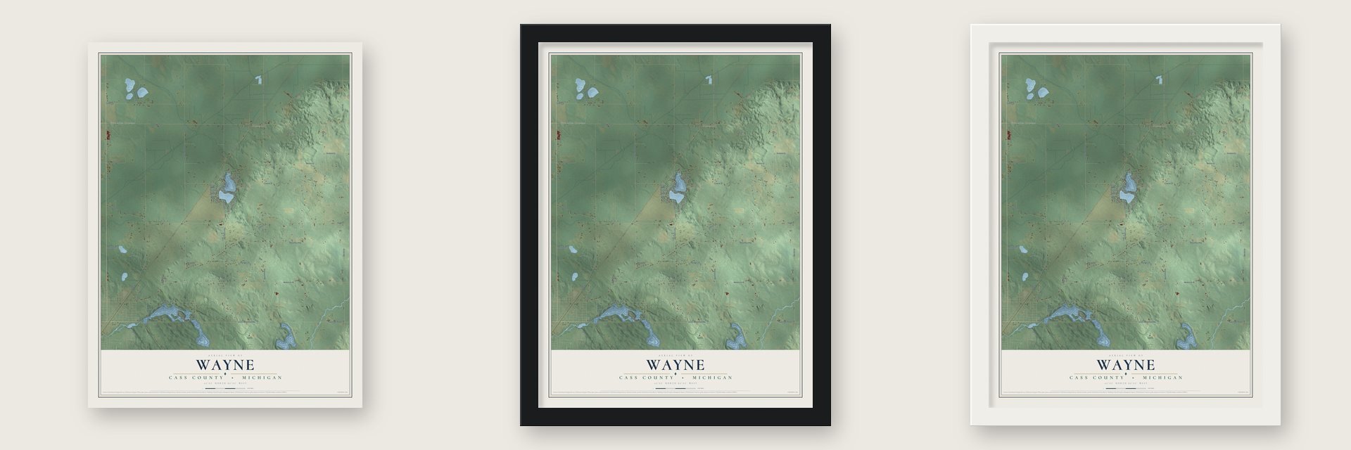 Wayne, Cass County, Michigan map unframed, in a black wood frame and in a white wood frame