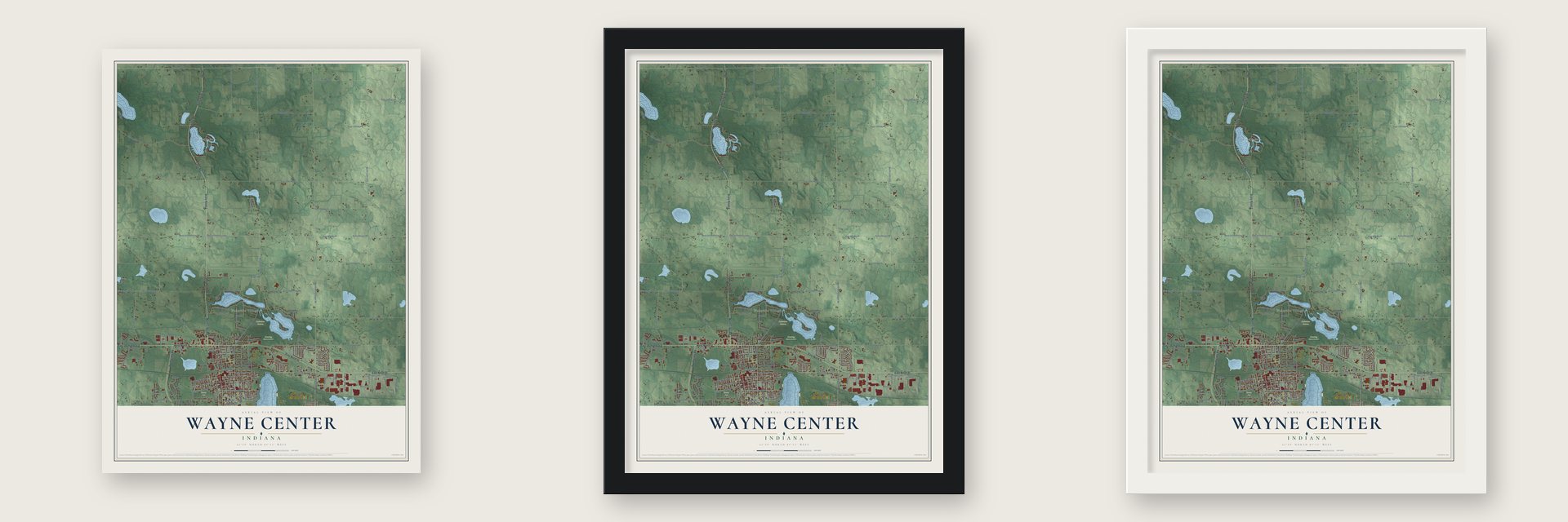 Wayne Center, Indiana map unframed, in a black wood frame and in a white wood frame