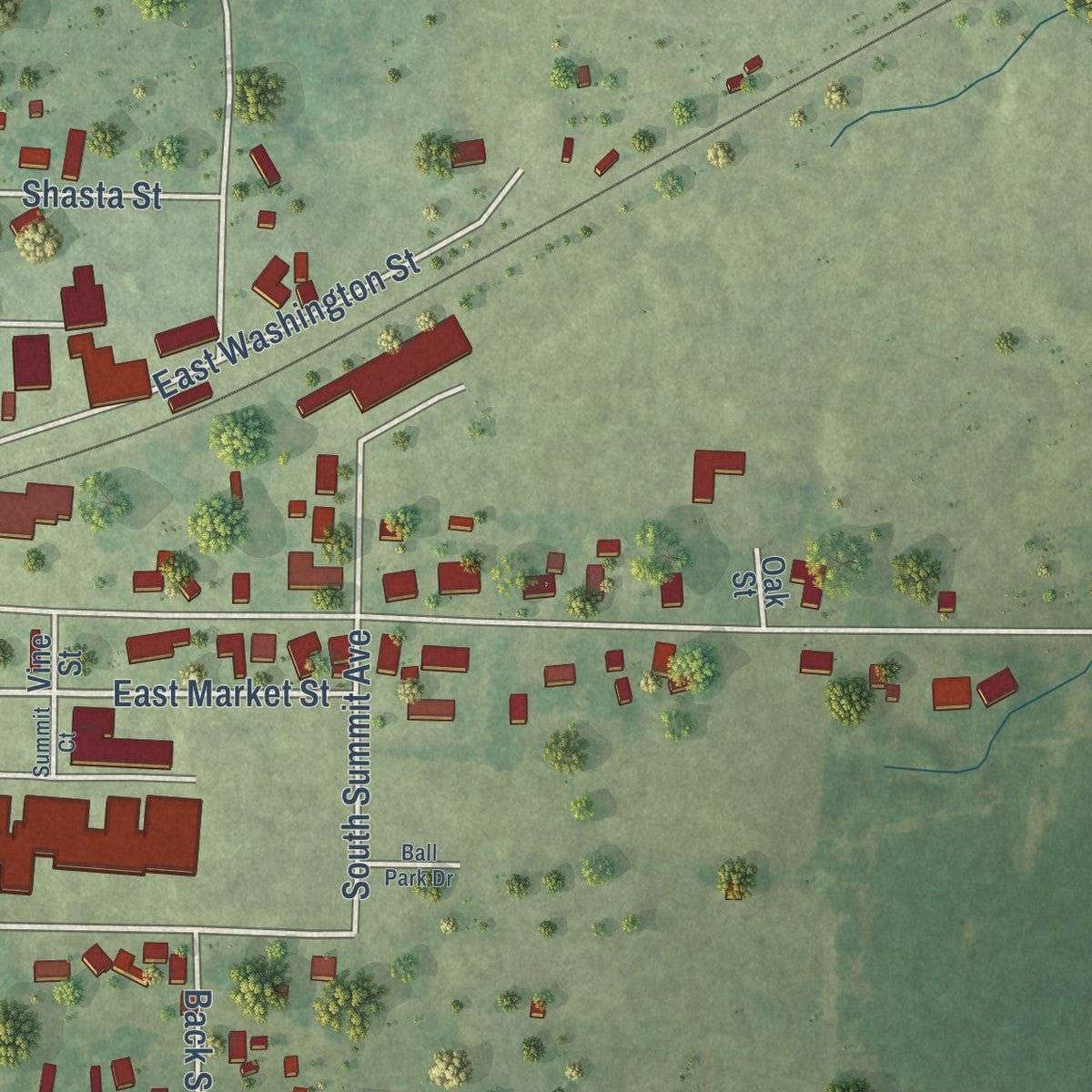 Second close-up of the map of Wayne City, Illinois print showing more streets and buildings