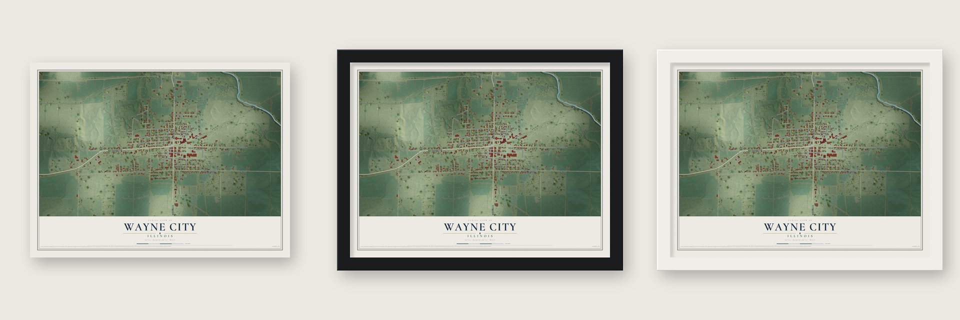 Wayne City, Illinois map unframed, in a black wood frame and in a white wood frame