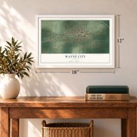 Wayne City, Illinois map, 12 x 18 inch print in a white frame in an entryway