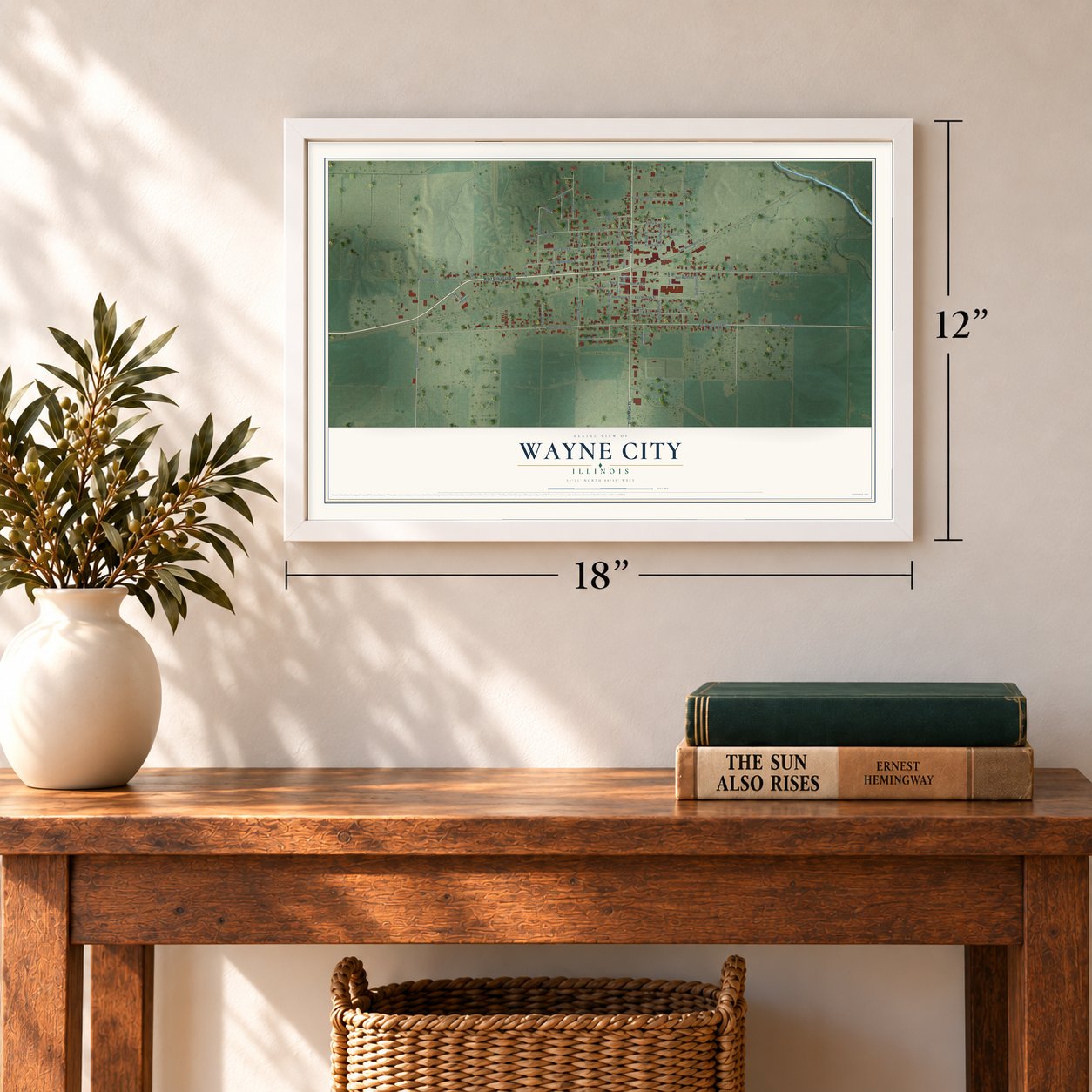 Wayne City, Illinois map, 12 x 18 inch print in a white frame in an entryway