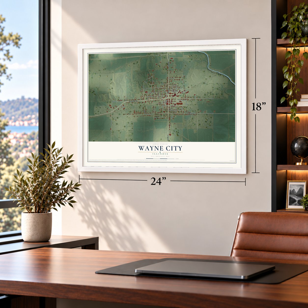 Wayne City, Illinois map, 18 x 24 inch print in a white frame in a home office