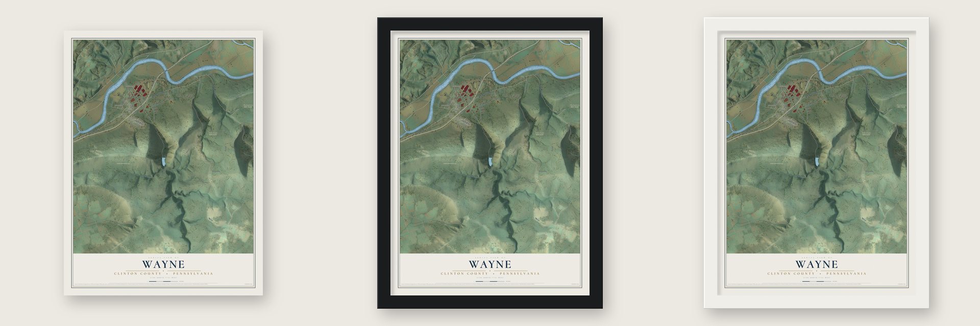 Wayne, Clinton County, Pennsylvania map unframed, in a black wood frame and in a white wood frame